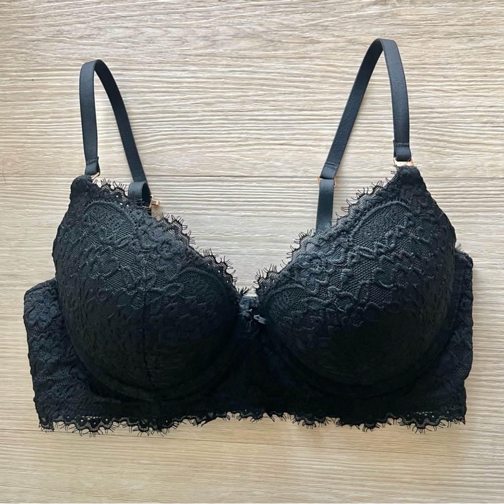 Aerie NWOT 34C Black Lace Push Up Bra Adjustable Straps 3 Hook Closures